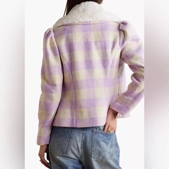 LoveShackFancy Dumont Jacket S Lavender Check Tweed Faux Fur Collar Coat $695 - Picture 2 of 10